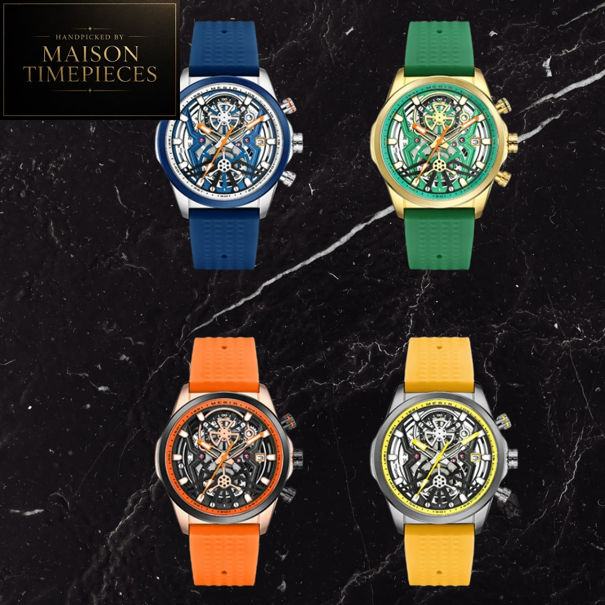Maison Timepieces Curated skeleton quartz sports watch with black open-work dial, orange silicone strap, luminous hands, date display and 44mm alloy case.