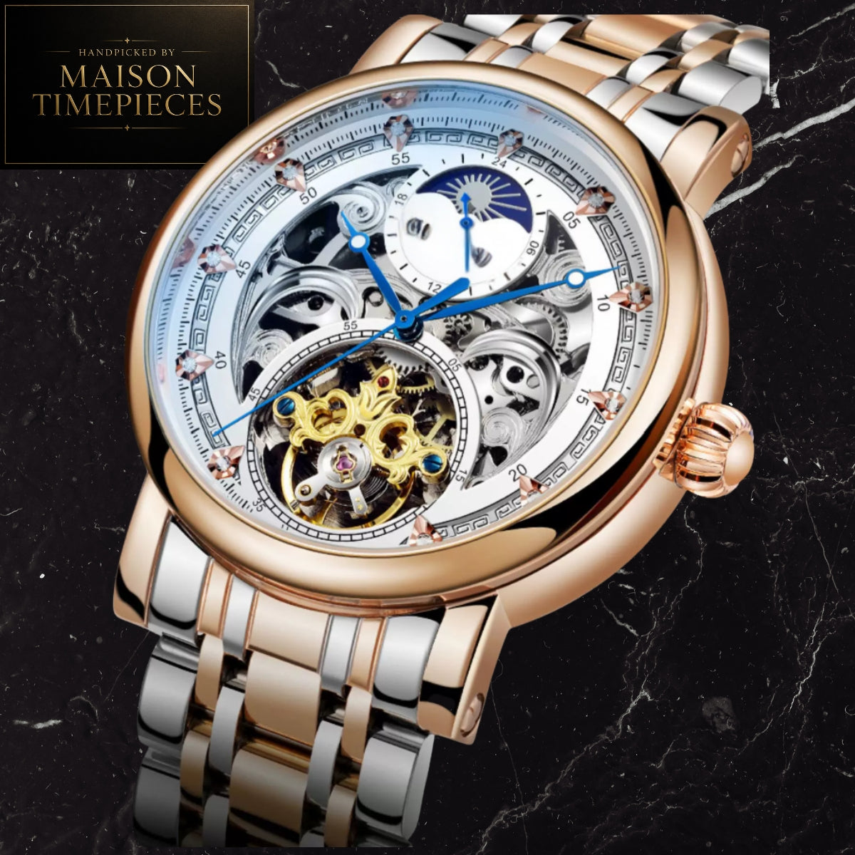 Maison Timepieces Curated Ref. 52699 - Automatic Tourbillon Open Heart Skeleton Watch Black Stainless Steel Bracelet