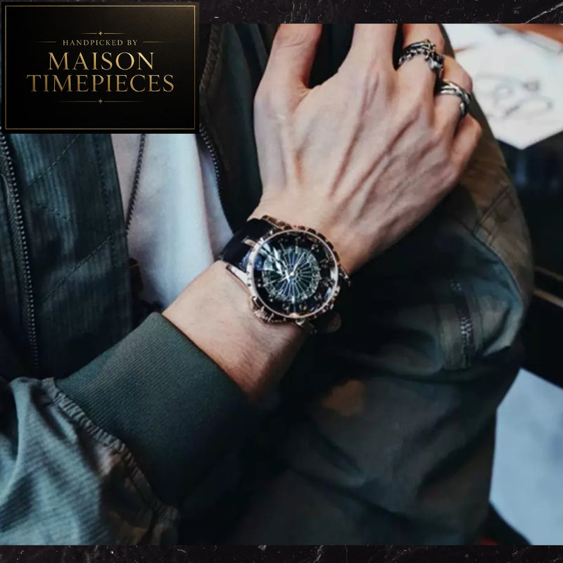 A close-up lifestyle shot of a person's wrist wearing a Maison Timepieces watch. The watch features a round black dial with a distinctive sunburst pattern, a dark bezel, and a black strap.
