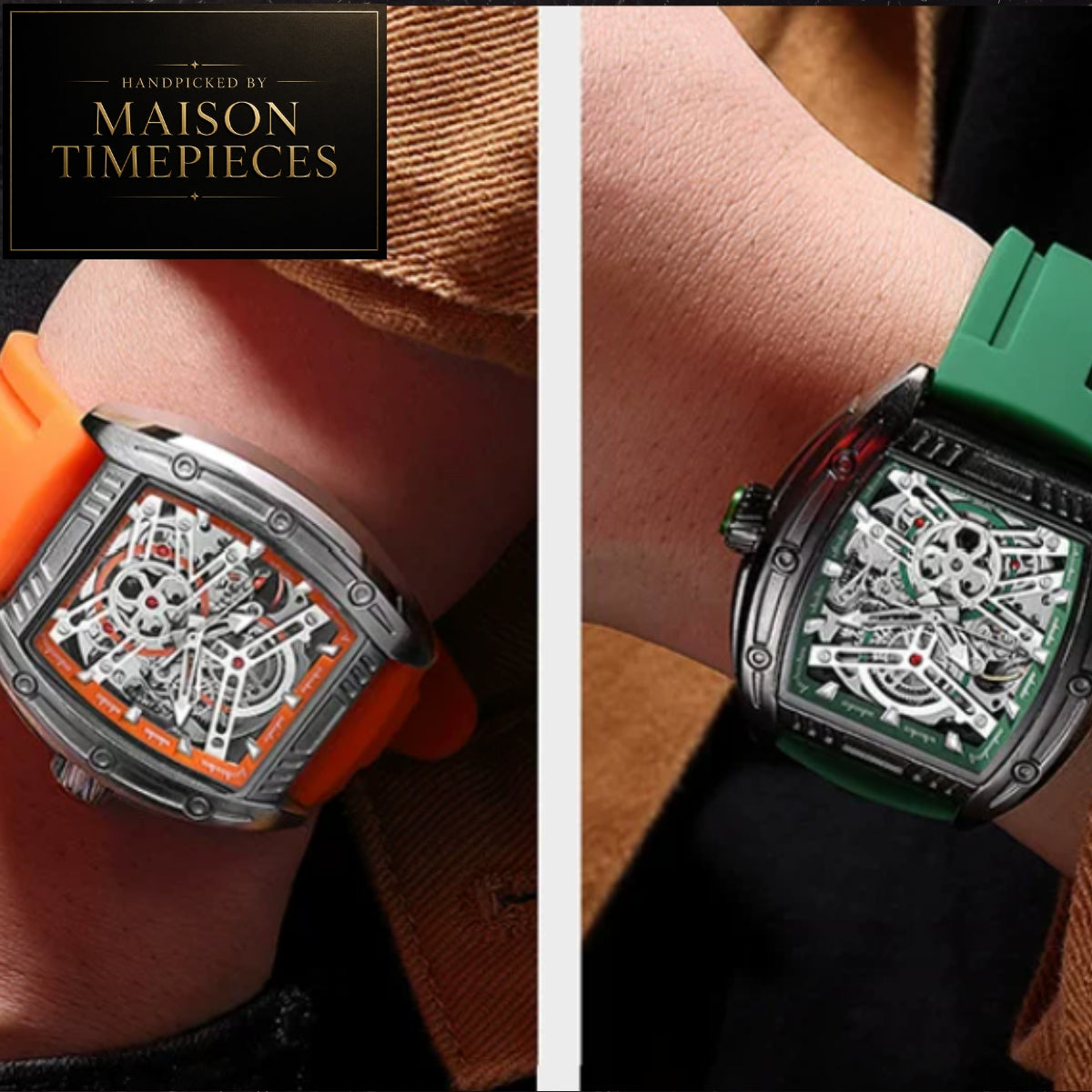 Two wristwatches shown on a person's wrist in a split-screen view. The left watch has a silver-toned case, an orange dial, and an orange rubber strap.