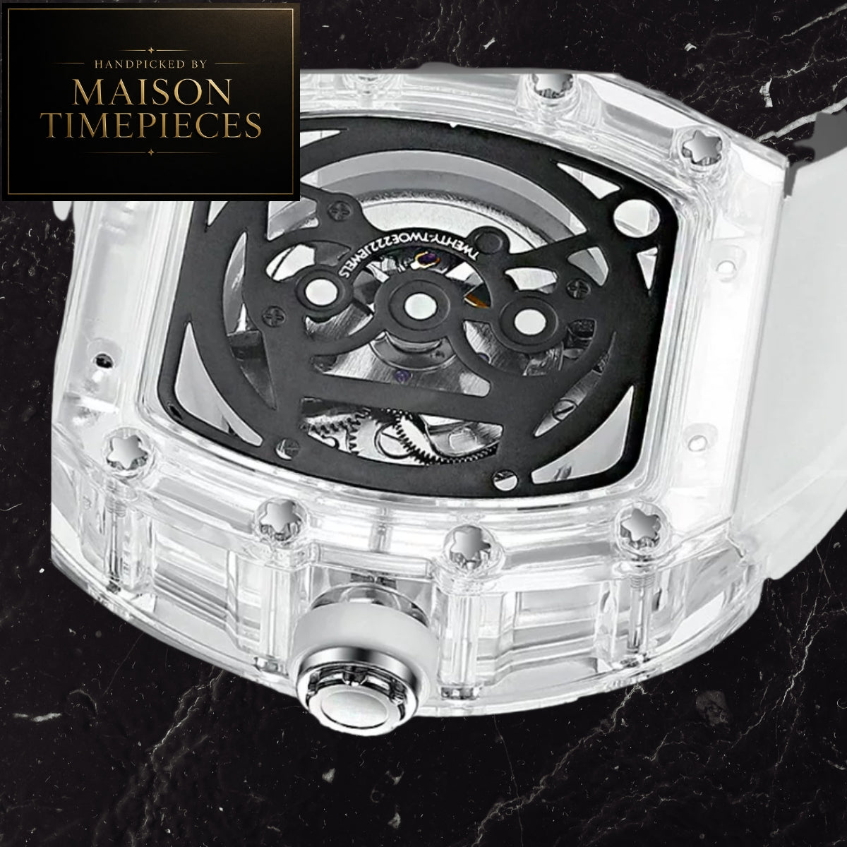A close-up of a Maison Timepieces watch with a transparent clear case and black skeletonized dial, displayed on a black marble background with a Maison Timepieces logo overlay in the top-left corner.