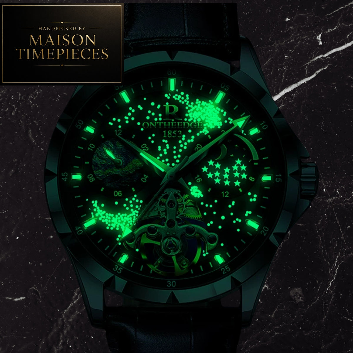 A dark chronograph watch with glowing green luminescent details on a black dial, shown against a dark marble background. A brand badge in the top-left corner reads 'DISCOVERED BY MAISON TIMEPIECES'.