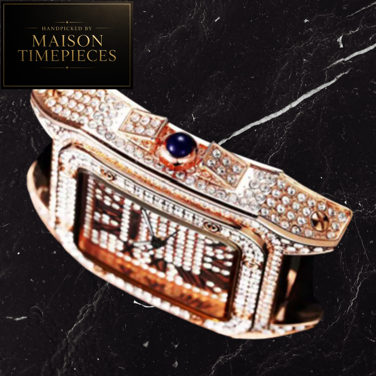 A luxury rose gold watch with a diamond-encrusted case and a prominent dark blue cabochon gemstone on the bezel, displayed on a black marble background with a Maison Timepieces logo in the top-left corner.