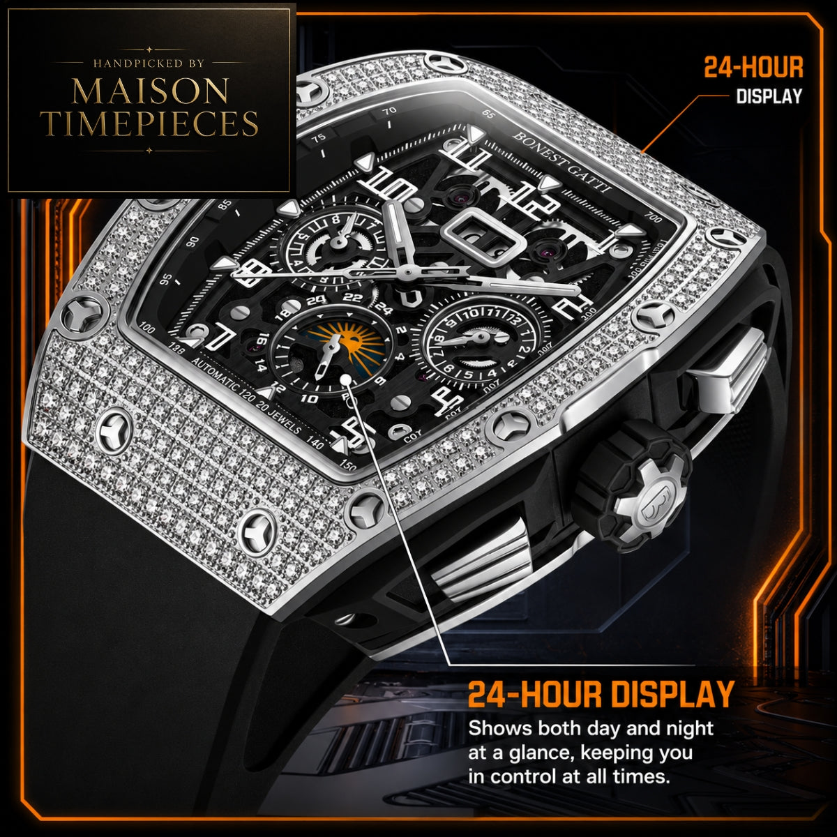 A close-up promotional shot of a silver-toned chronograph watch with a black dial, heavily embellished with clear stones around the bezel and case. The watch is shown at an angle against a dark graphic background with orange accents and text reading '24-HOUR DISPLAY' and 'Handcrafted by Maison Timepieces.