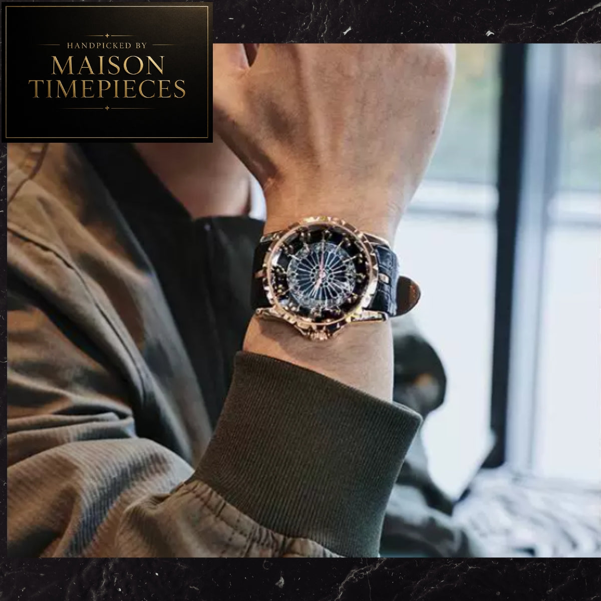 A close-up lifestyle shot of a person wearing a Maison Timepieces watch on their wrist, wearing a brown jacket. The watch features a round rose gold case, a black dial with a white sunburst pattern, and a textured dark strap.
