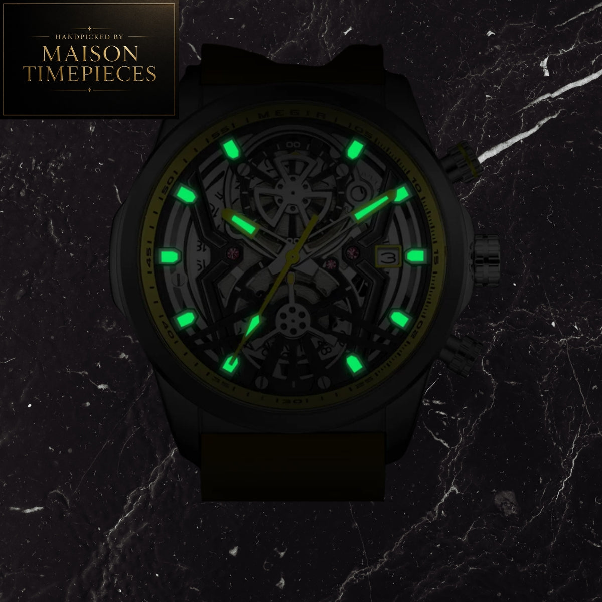 Maison Timepieces Curated skeleton quartz sports watch with black open-work dial, orange silicone strap, luminous hands, date display and 44mm alloy case.