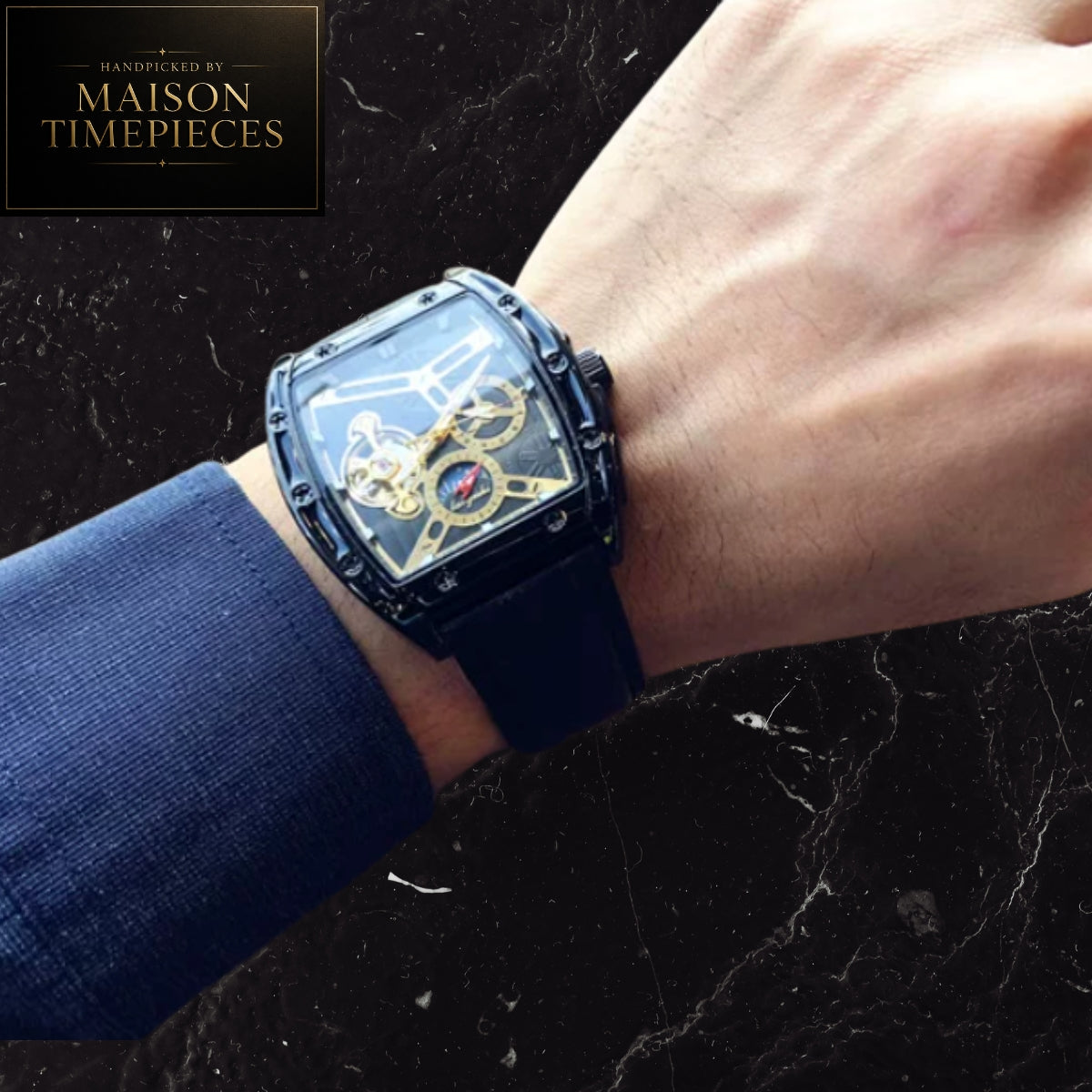 Maison Timepieces Curated Ref. DQ100 - Automatic Skeleton Tonneau Watch 40mm Black Dial Leather Strap