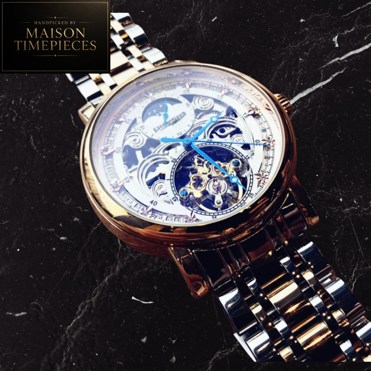 Maison Timepieces Curated Ref. 52699 - Automatic Tourbillon Open Heart Skeleton Watch Black Stainless Steel Bracelet