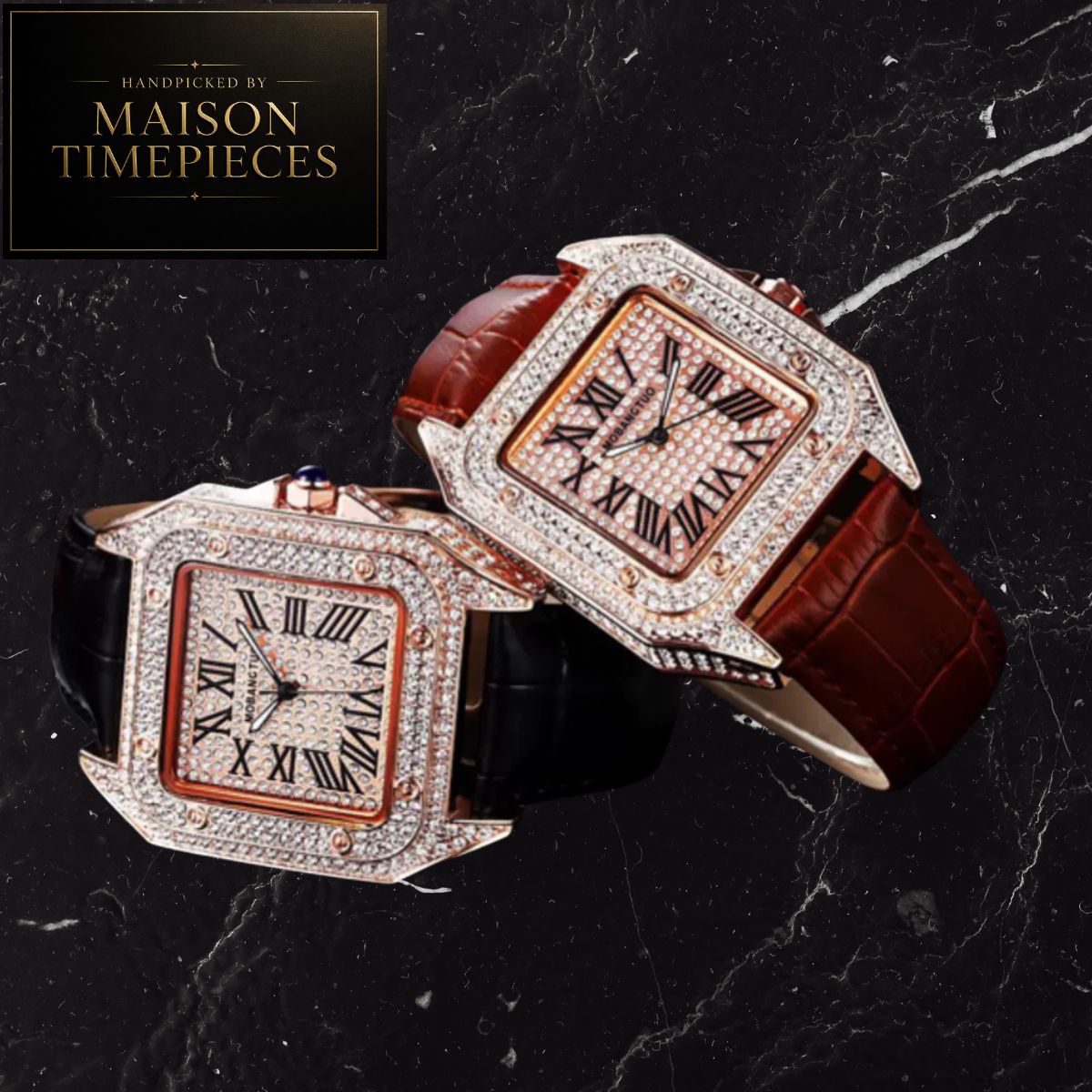 Two Maison Timepieces rectangular watch models displayed on a black marble background, one with a brown leather strap and one with a black leather strap, both featuring diamond-encrusted rose gold cases and Roman numeral dials.