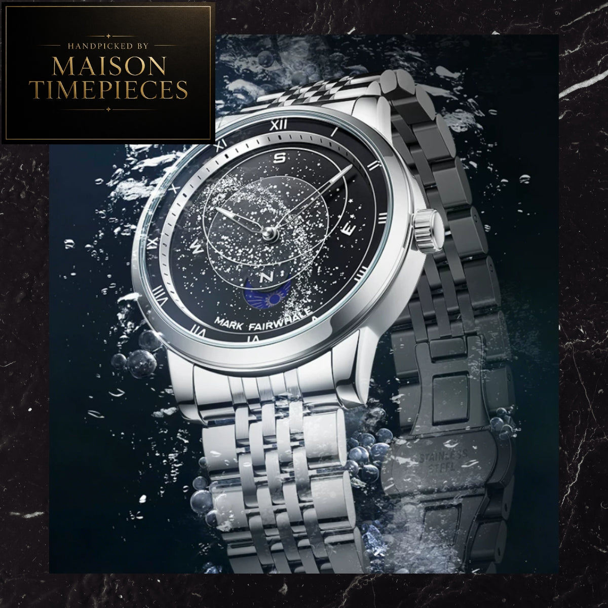 A silver-toned Maison Timepieces wristwatch with a black dial and matching metal link bracelet, shown underwater with water droplets and bubbles around it. A black branded logo plaque appears in the top-left corner.