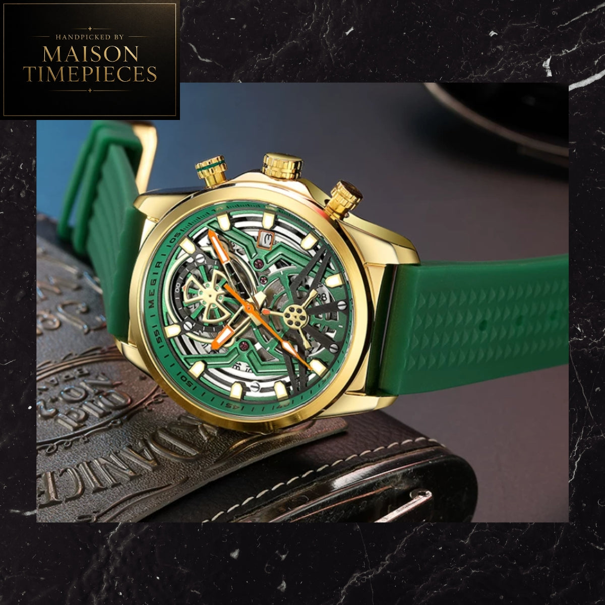 Maison Timepieces Curated skeleton quartz sports watch with black open-work dial, orange silicone strap, luminous hands, date display and 44mm alloy case.