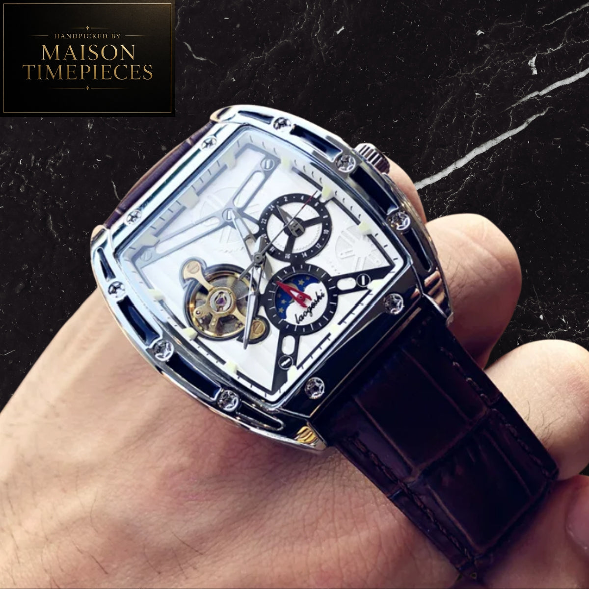 Maison Timepieces Curated Ref. DQ100 - Automatic Skeleton Tonneau Watch 40mm Black Dial Leather Strap