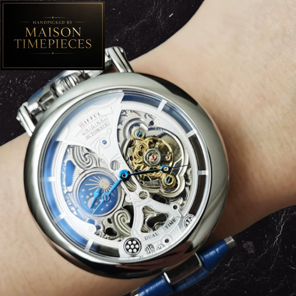 Automatic Skeleton Moonphase Dress Watch 49mm Blue Leather