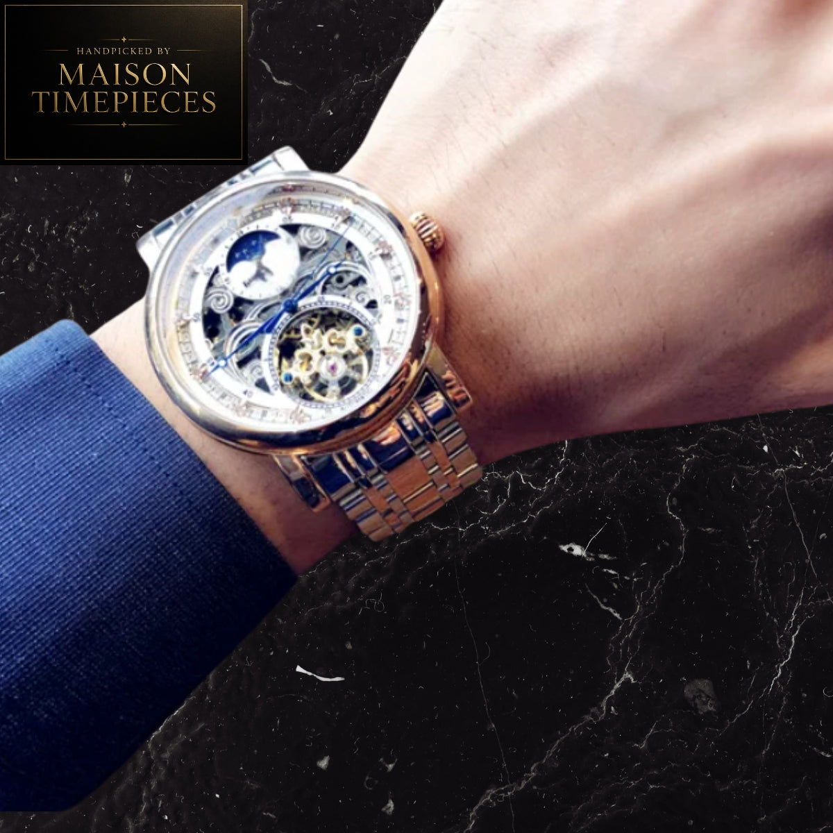 Maison Timepieces Curated Ref. 52699 - Automatic Tourbillon Open Heart Skeleton Watch Black Stainless Steel Bracelet