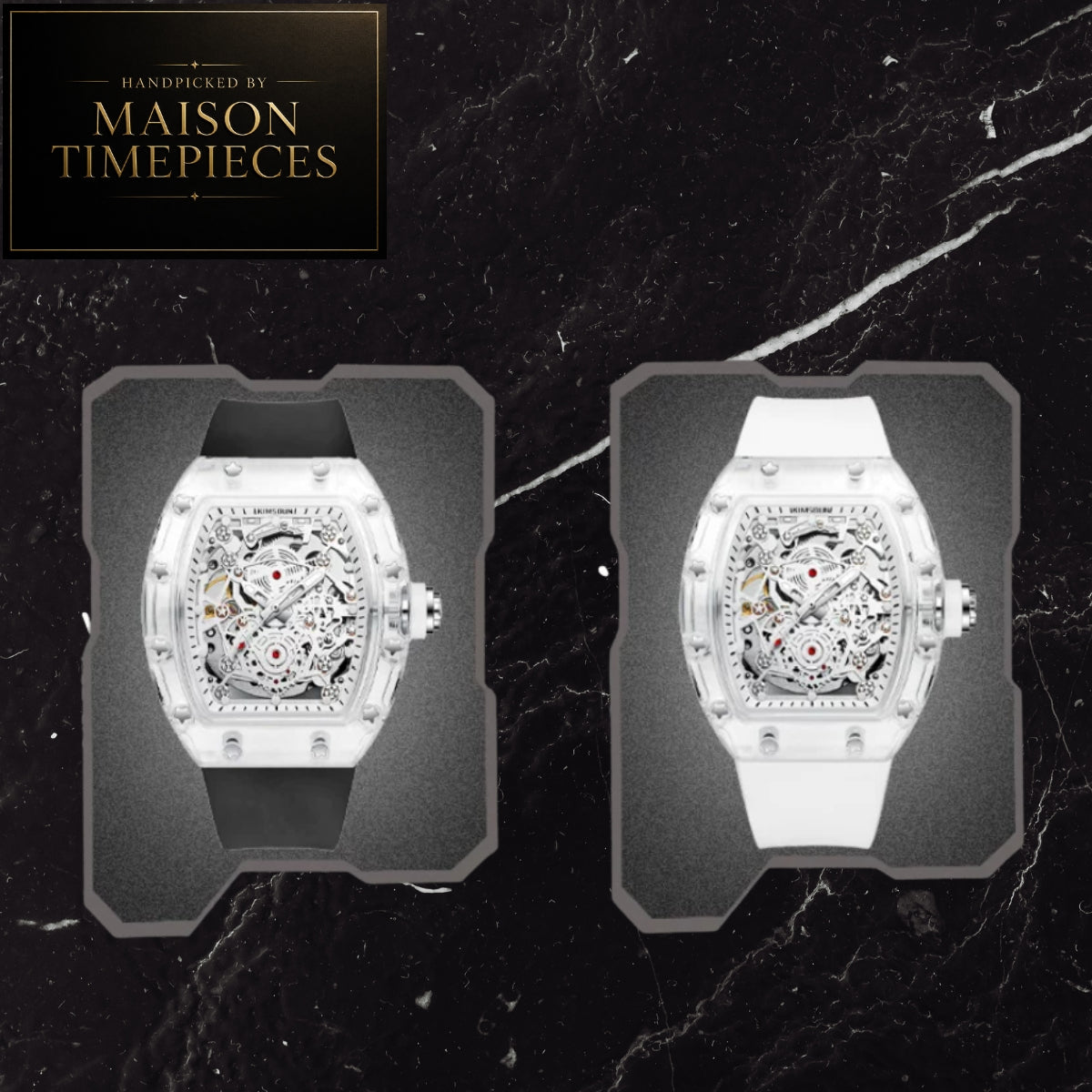 Two skeleton wristwatches displayed side by side on dark gray foam inserts against a black marble background. The left watch has a black strap and case, while the right watch has a white strap and case.