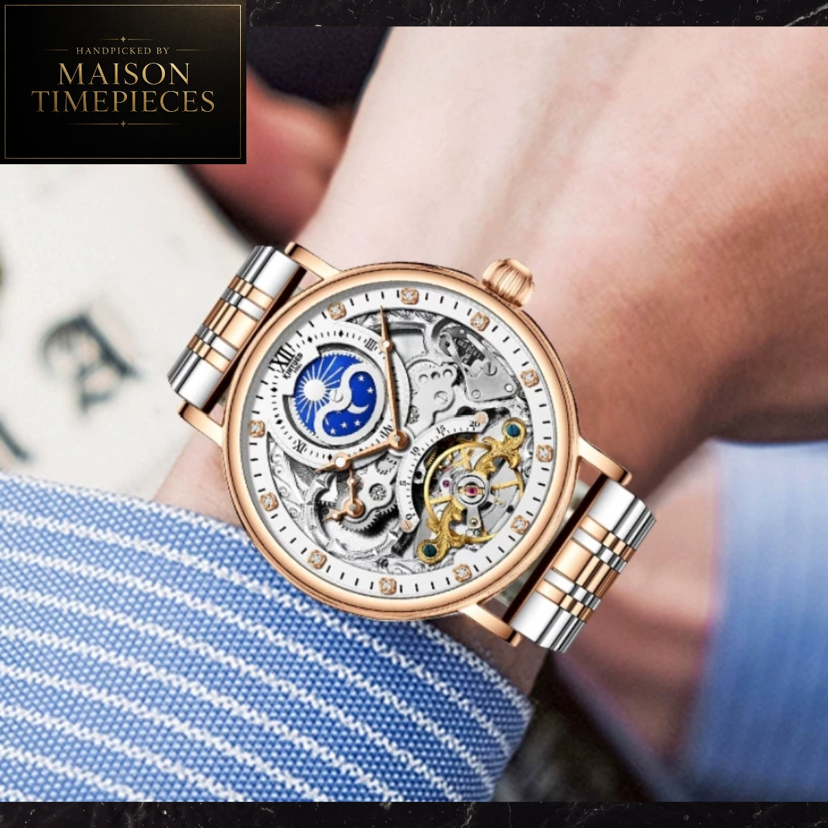 Maison Timepieces Curated automatic open heart moon phase dress watch with white skeleton-inspired dial, rose gold stainless steel case, genuine leather strap and exhibition mechanical movement.