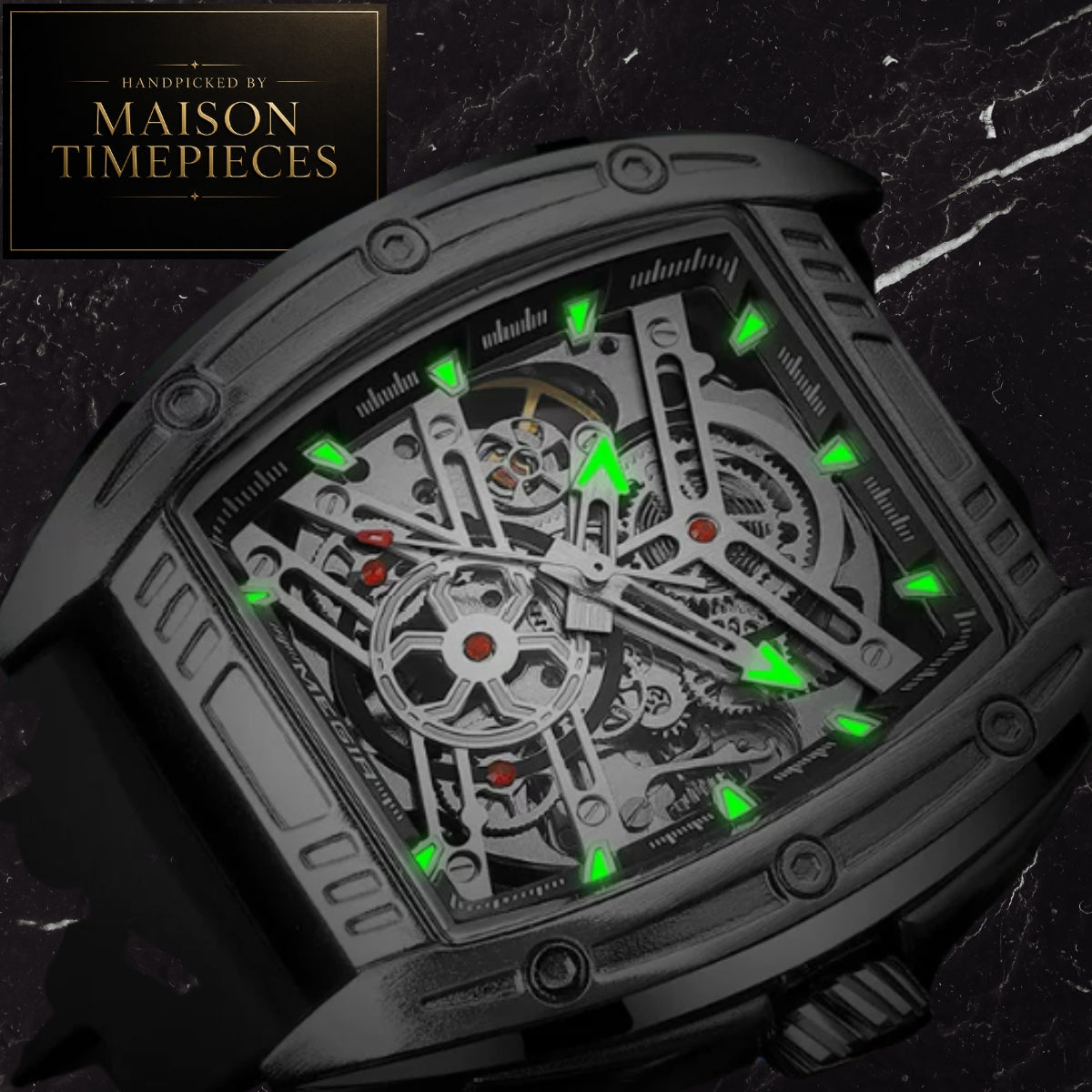 A close-up of a Maison Timepieces skeleton watch with a black case and a highly detailed, open-heart dial showing silver gears and bright green luminescent hour markers, set against a dark marble background.