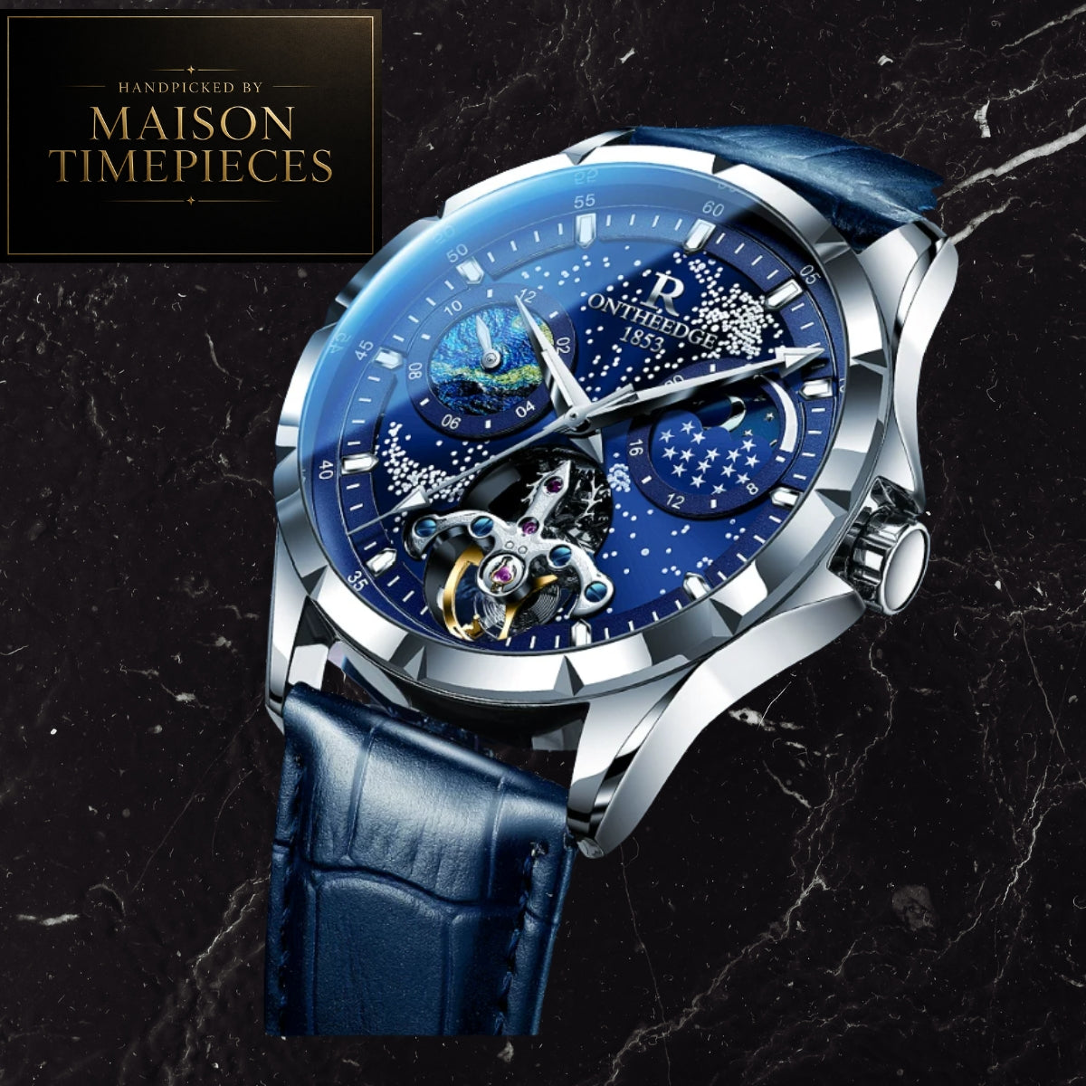 A luxury skeleton watch with a deep blue starry dial, silver-tone case, and blue leather strap, displayed on a dark marble background with a Maison Timepieces logo in the top-left corner.
