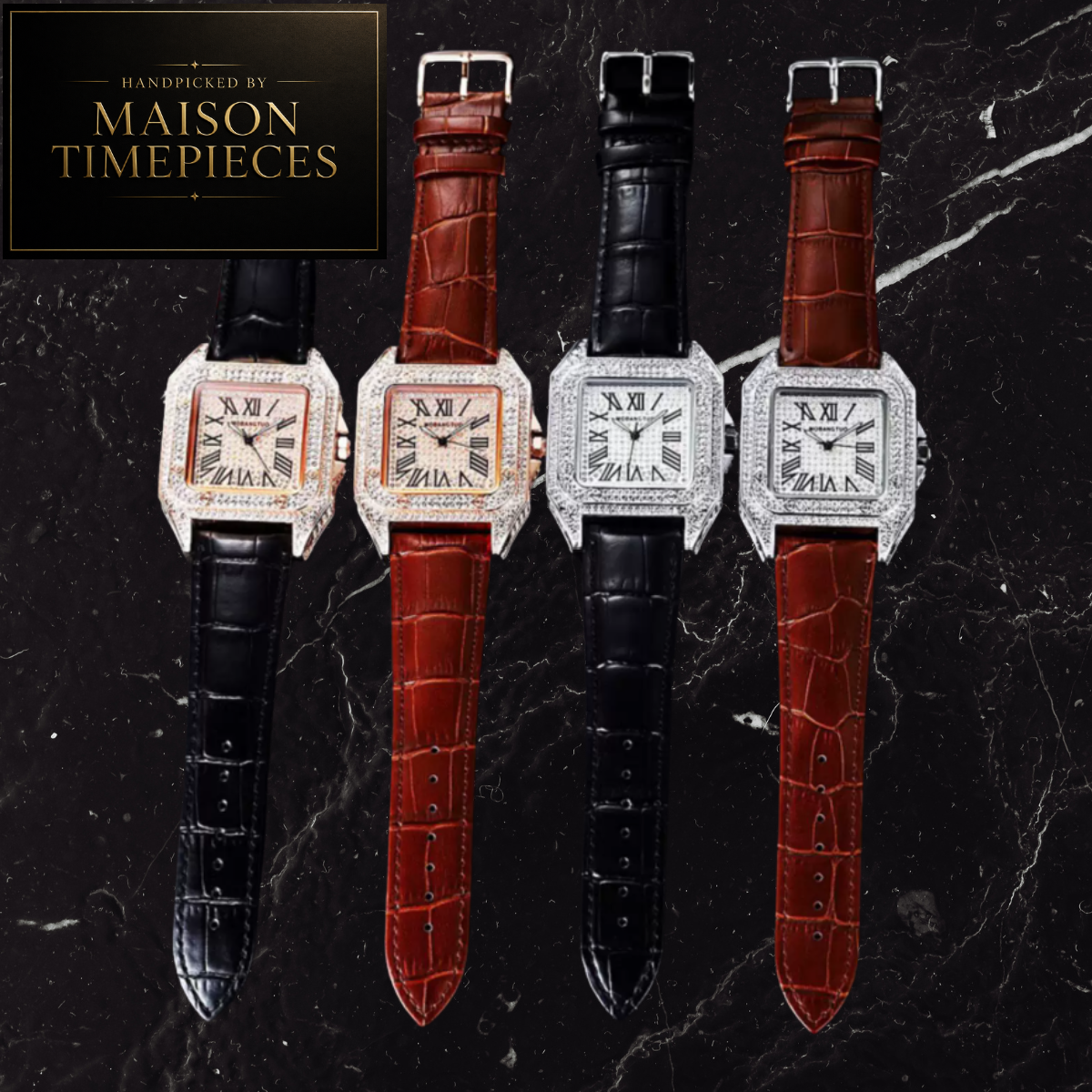 Four luxury watch designs from Maison Timepieces arranged on a dark marble background. The watches feature square crystal cases with diamond-like embellishments and Roman numeral hour markers, paired with either black or reddish-brown leather straps.
