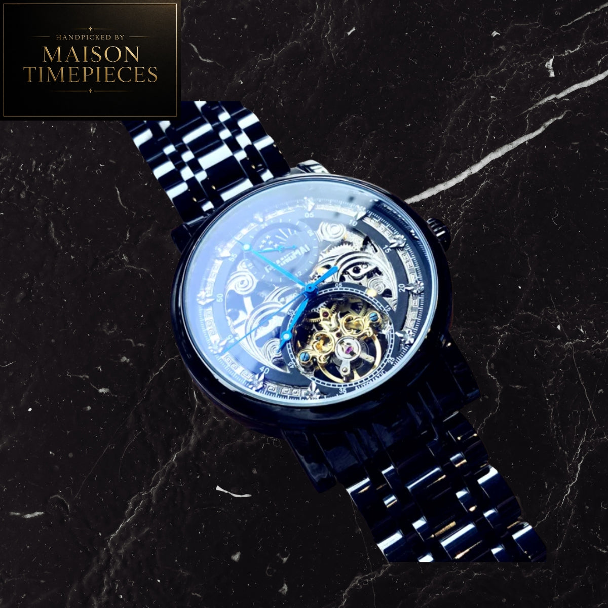 Maison Timepieces Curated Ref. 52699 - Automatic Tourbillon Open Heart Skeleton Watch Black Stainless Steel Bracelet