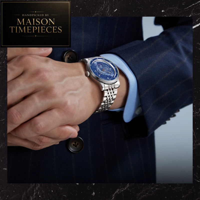 A close-up of a silver-toned Maison Timepieces watch with a blue dial and matching blue bracelet, worn on a person's wrist. The person is dressed in a navy pinstripe suit jacket and a light blue dress shirt.