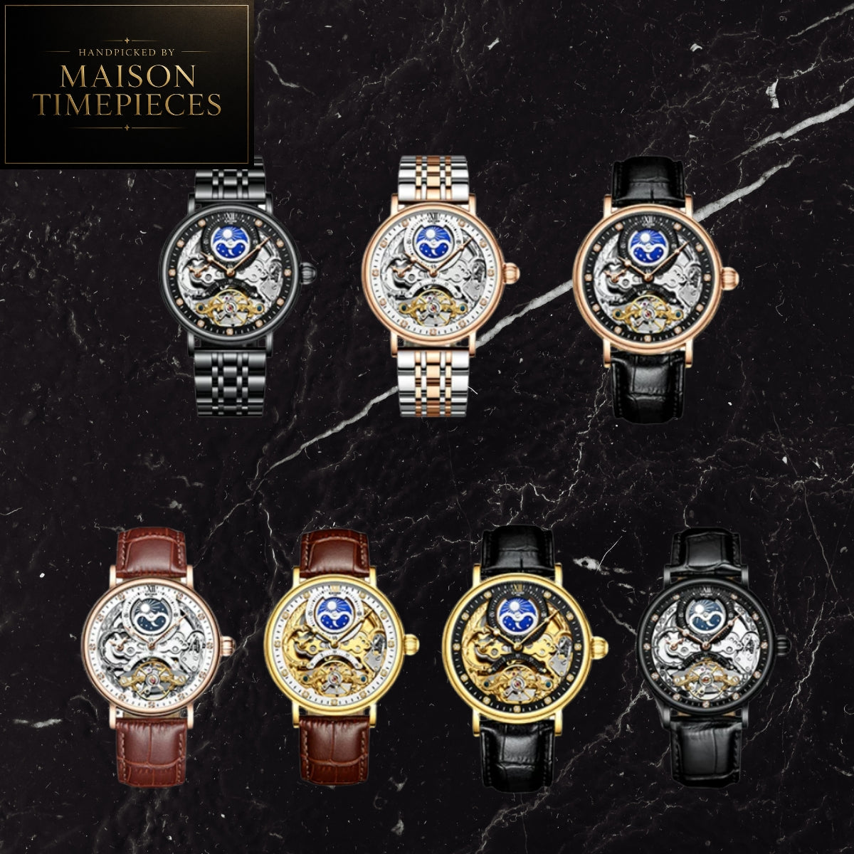 Maison Timepieces Curated automatic open heart moon phase dress watch with white skeleton-inspired dial, rose gold stainless steel case, genuine leather strap and exhibition mechanical movement.