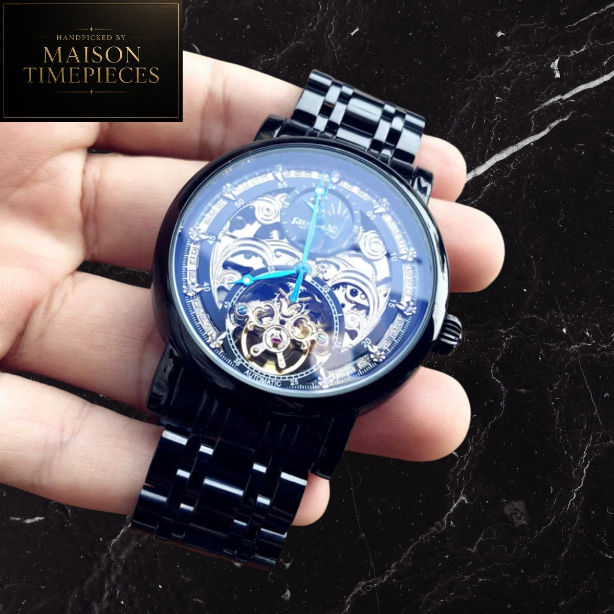 Maison Timepieces Curated Ref. 52699 - Automatic Tourbillon Open Heart Skeleton Watch Black Stainless Steel Bracelet