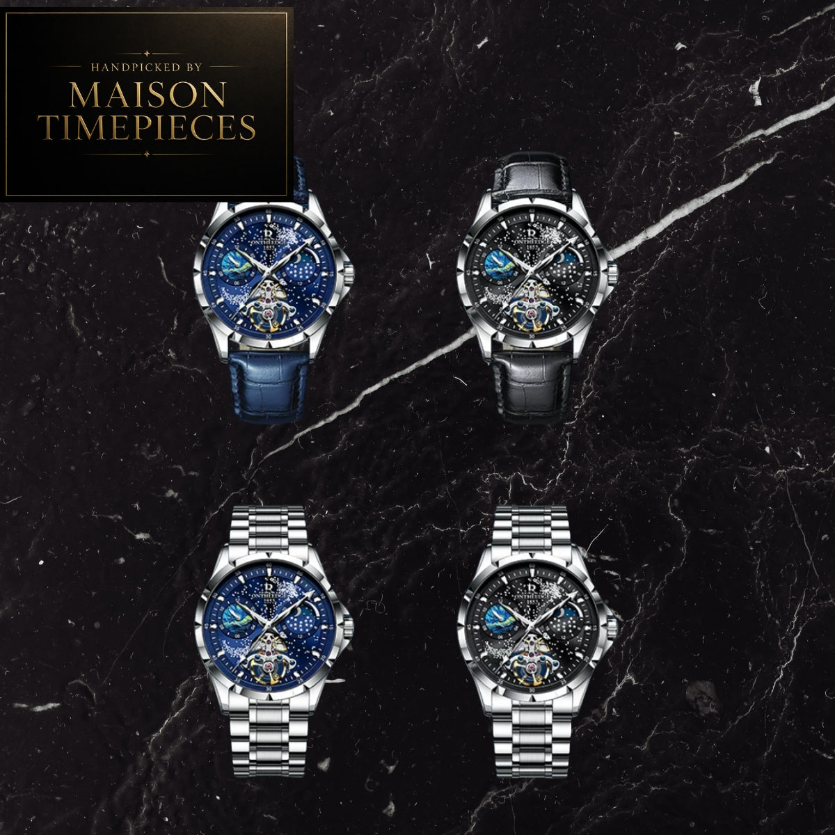 Four Maison Timepieces men's watches arranged in a 2x2 grid on a black marble background. The watches feature silver and stainless steel cases with blue and black dials, and leather straps in blue and black.