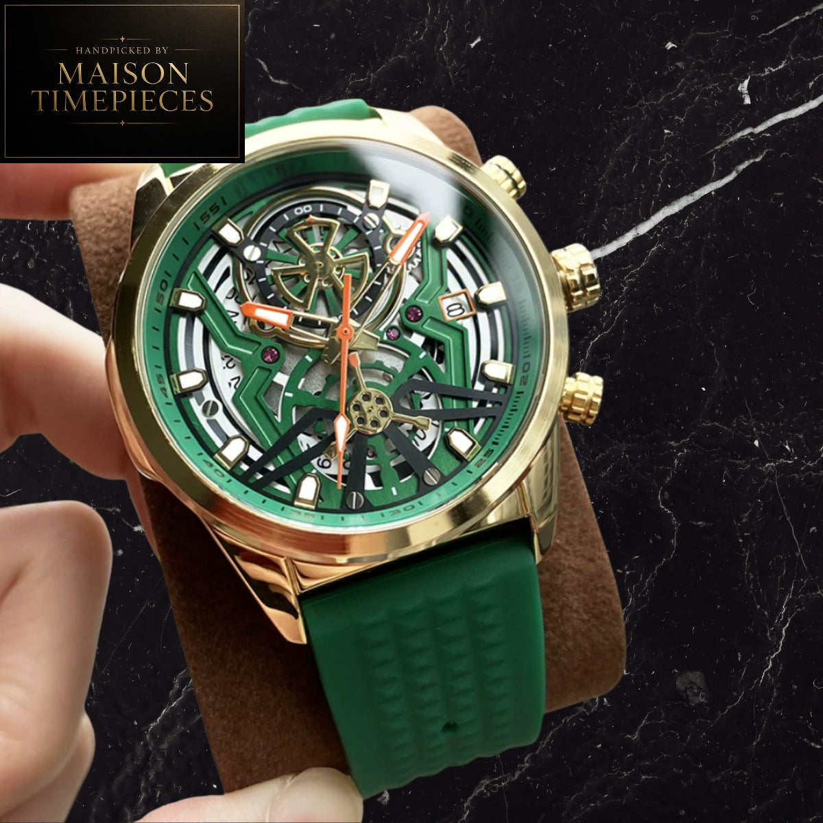 Maison Timepieces Curated skeleton quartz sports watch with black open-work dial, orange silicone strap, luminous hands, date display and 44mm alloy case.