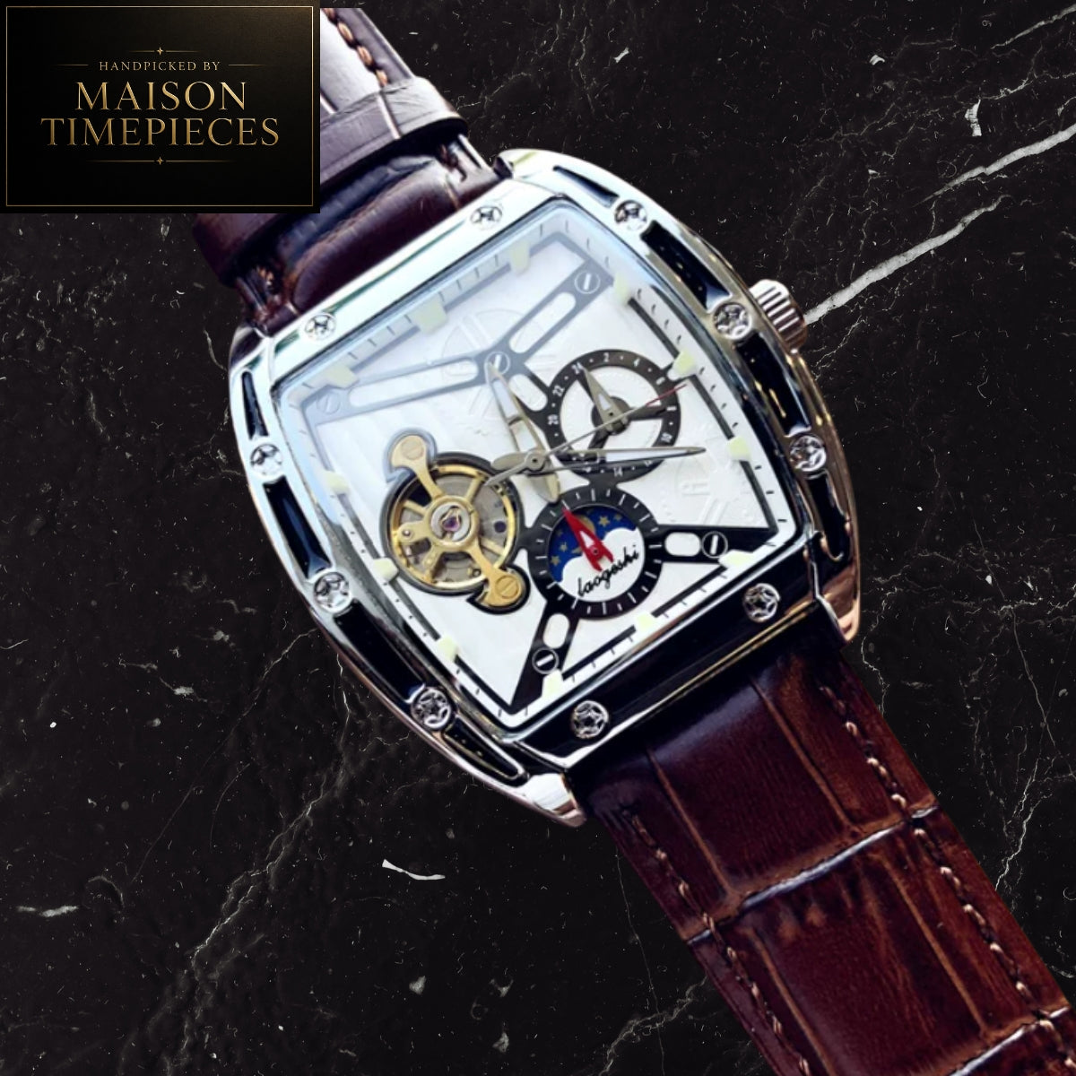 Maison Timepieces Curated Ref. DQ100 - Automatic Skeleton Tonneau Watch 40mm Black Dial Leather Strap