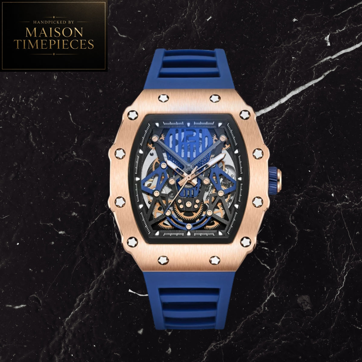 Maison Timepieces Curated automatic skeleton tonneau watch with rose gold alloy case, blue skeleton dial, automatic mechanical movement, exhibition caseback and blue silicone strap.