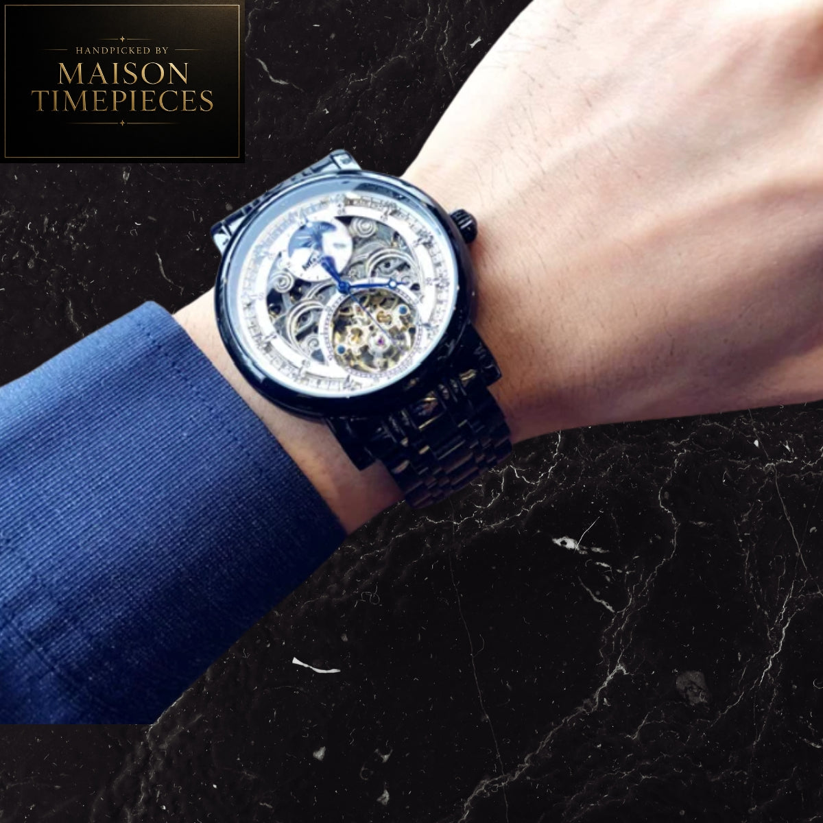 Maison Timepieces Curated Ref. 52699 - Automatic Tourbillon Open Heart Skeleton Watch Black Stainless Steel Bracelet