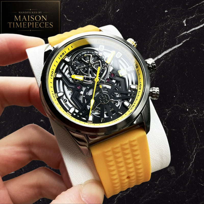 Maison Timepieces Curated skeleton quartz sports watch with black open-work dial, orange silicone strap, luminous hands, date display and 44mm alloy case.