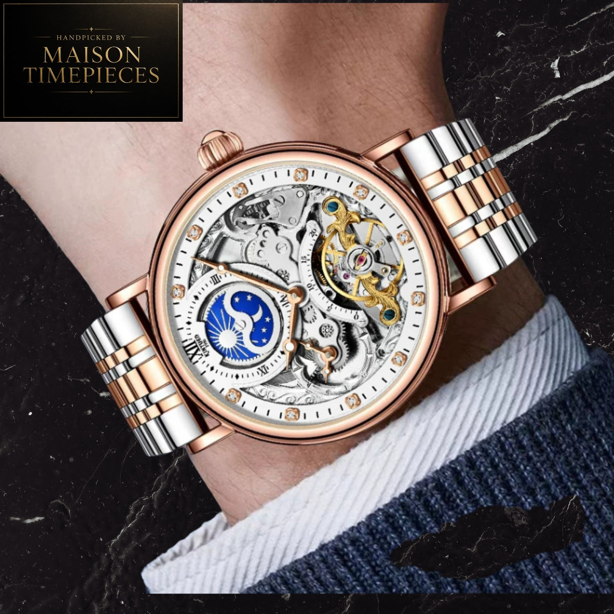 Maison Timepieces Curated automatic open heart moon phase dress watch with white skeleton-inspired dial, rose gold stainless steel case, genuine leather strap and exhibition mechanical movement.