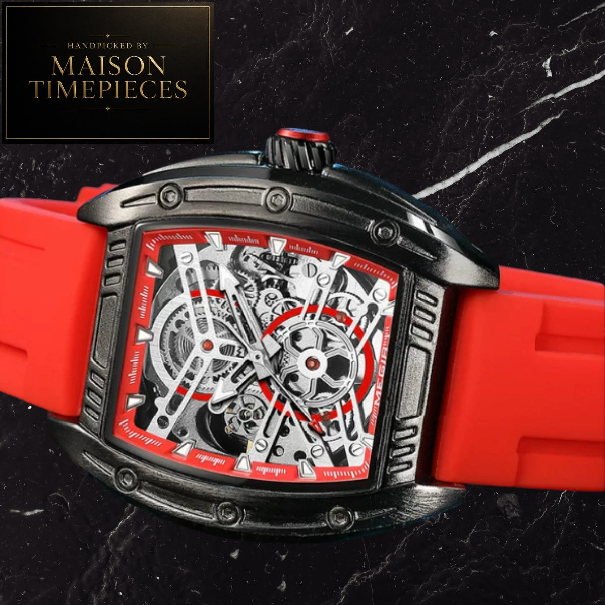 A luxury skeleton watch with a bold red strap, black case, and a highly detailed white and red mechanical dial, displayed on a black marble background with a Maison Timepieces logo in the top-left corner.