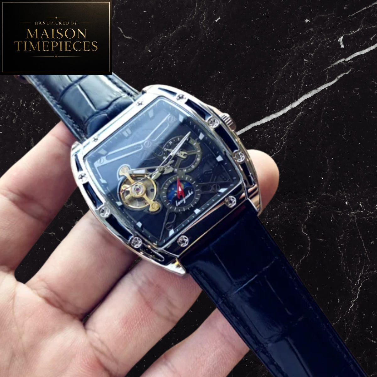 Maison Timepieces Curated Ref. DQ100 - Automatic Skeleton Tonneau Watch 40mm Black Dial Leather Strap
