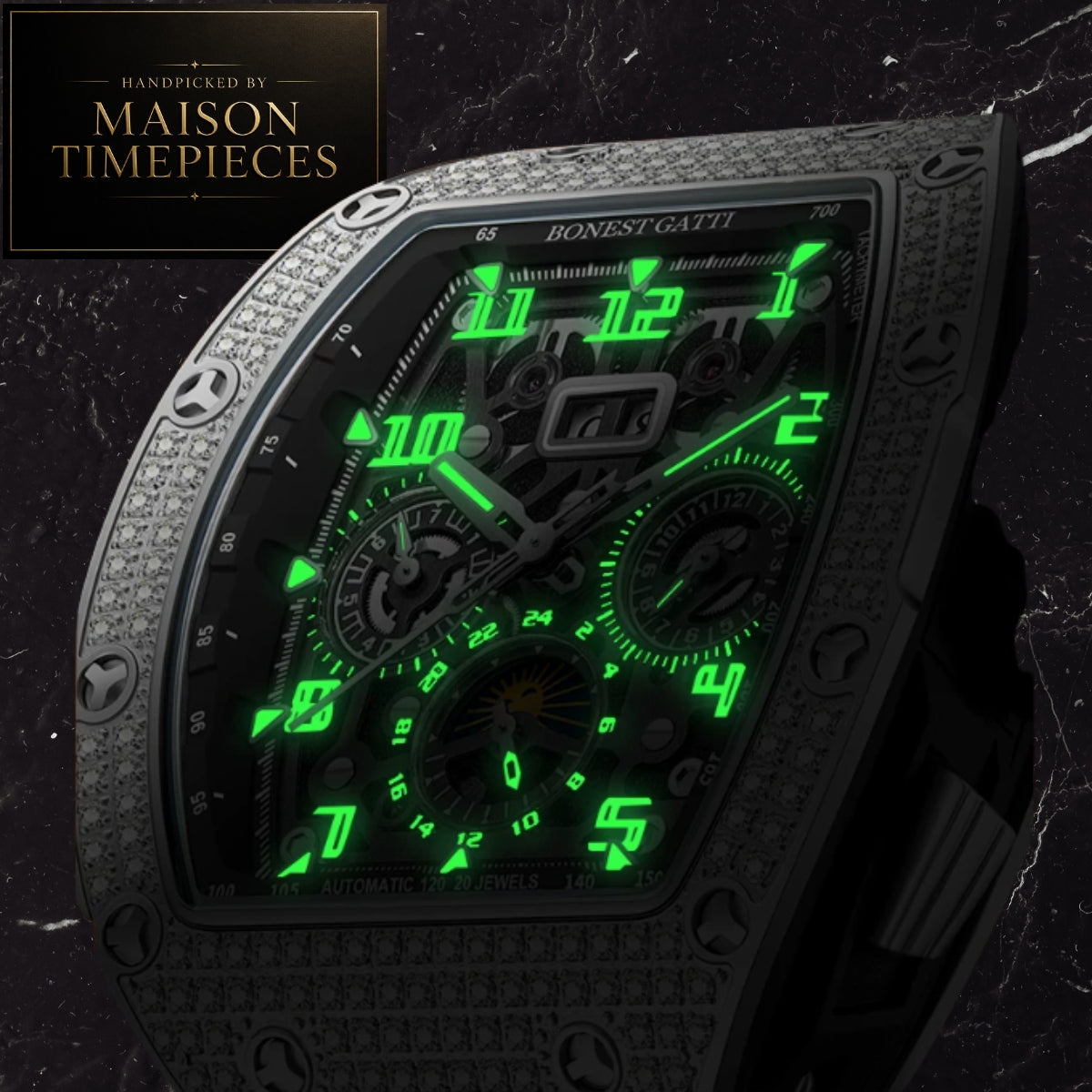 A close-up of a black Bonest Gatti wristwatch with glowing green luminescent numerals and hands, set against a dark textured background. A 'Handpicked by Maison Timepieces' badge is visible in the top-left corner.