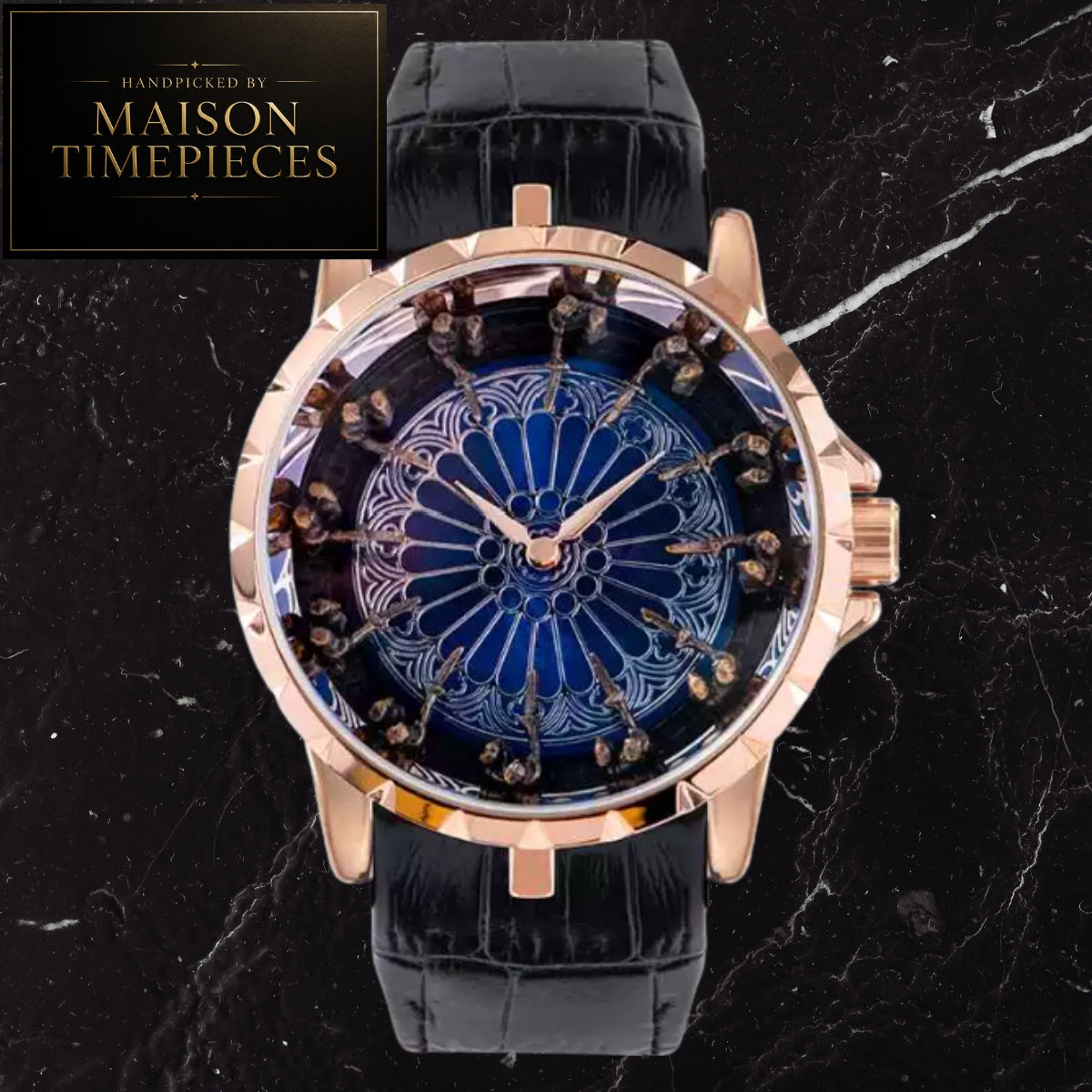 Maison Timepieces Curated artistic knights dial quartz watch with sculpted knight figures, blue decorative dial, rose gold-tone stainless steel case and black genuine leather strap.