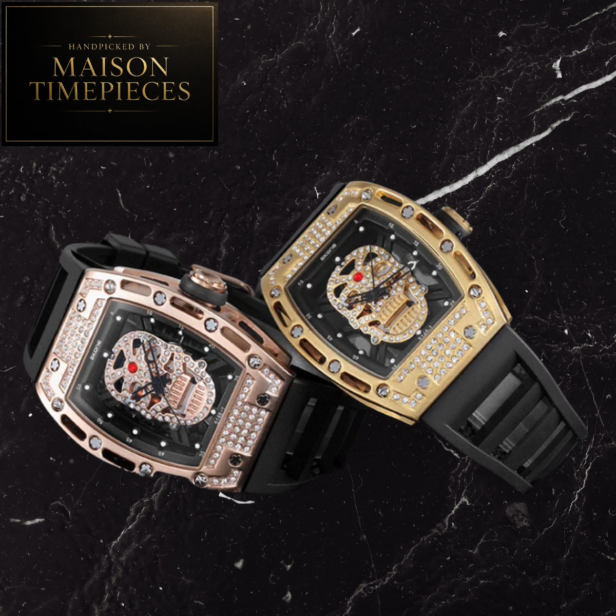 Two luxury skeleton wristwatches by Maison Timepieces displayed on a black marble background. One watch has a rose gold case with clear crystal embellishments, and the other has a gold case with clear crystal embellishments.
