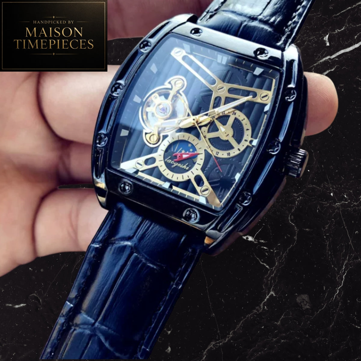 Maison Timepieces Curated Ref. DQ100 - Automatic Skeleton Tonneau Watch 40mm Black Dial Leather Strap