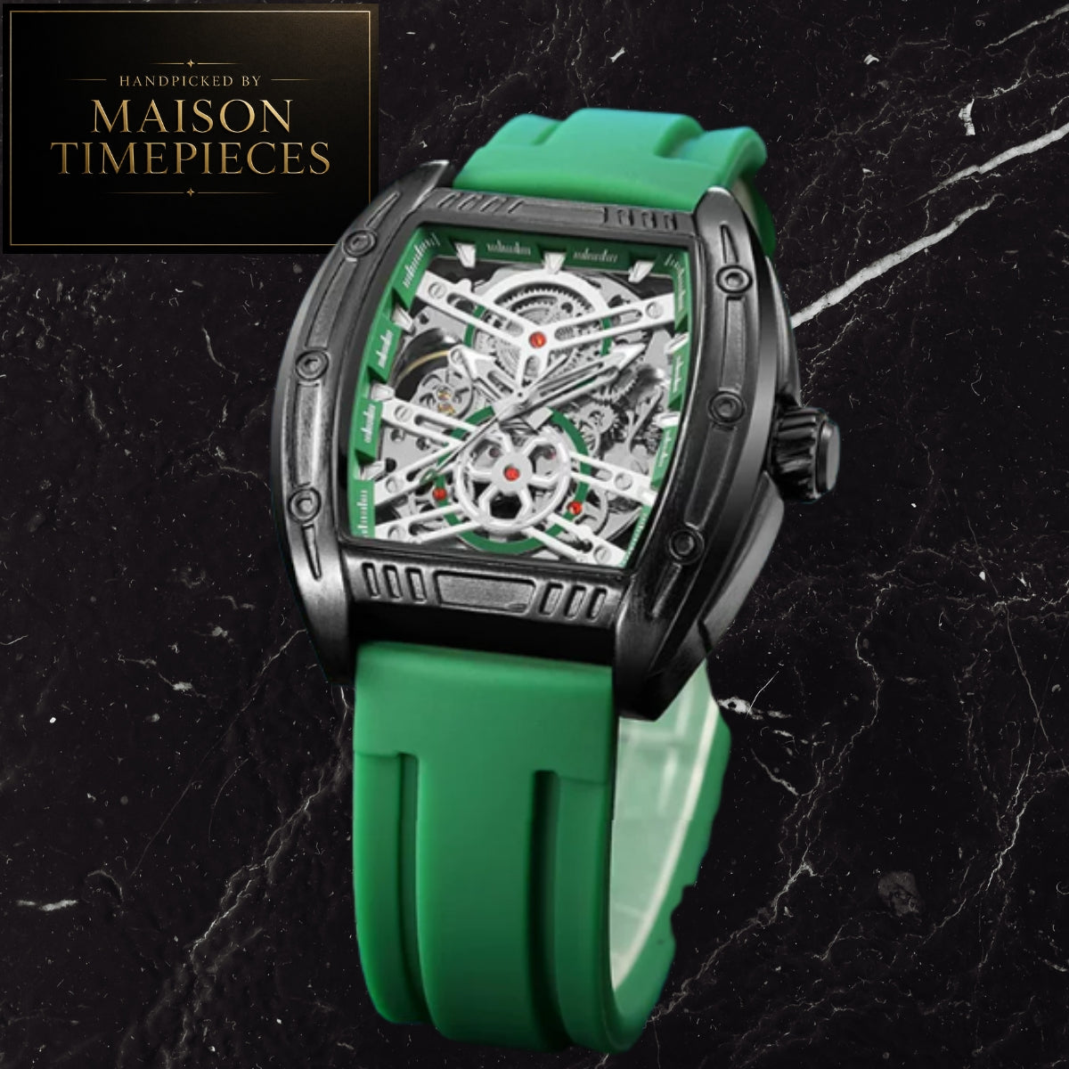 A luxury skeleton watch with a bright green silicone strap and a black titanium case, showcasing a detailed mechanical movement through the dial. The watch is presented on a black marble background with a 'MAISON TIMEPIECES' logo in the top-left corner.