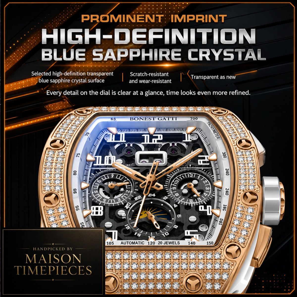 A close-up promotional product shot of a luxury wristwatch with a rose-gold-toned case, heavily embellished with clear stones around the bezel and crown. The dial is blue-sapphire crystal and features black subdials, white numerals, and gold-toned hands.