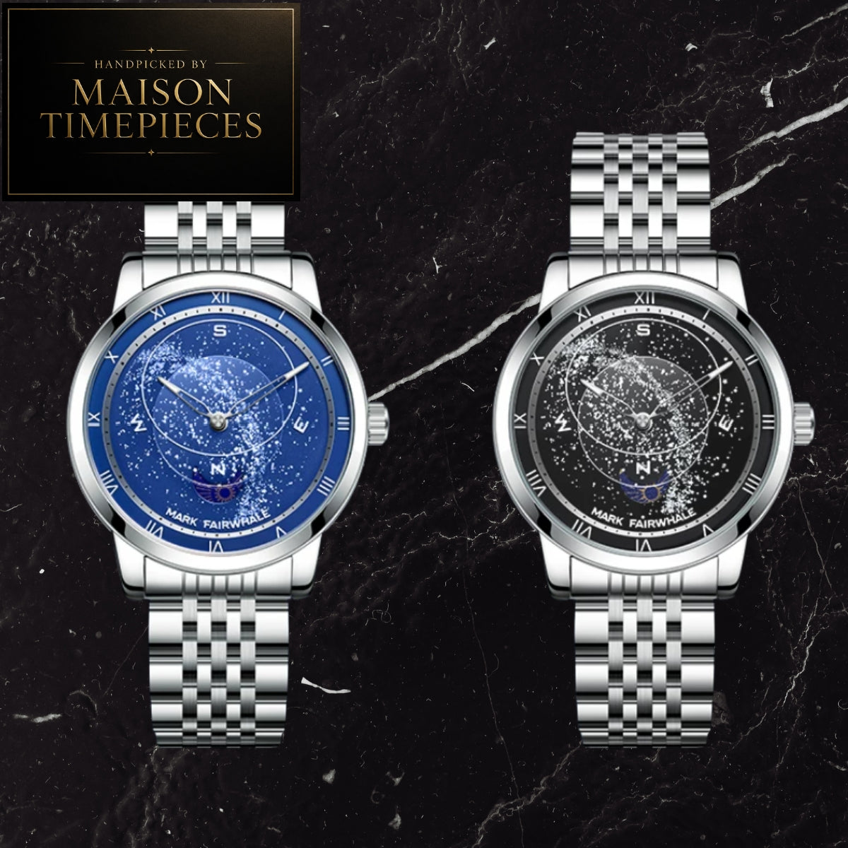 Two silver-toned Maison Timepieces wristwatches with checkered metal bracelets, displayed side by side on a dark marble background. The left watch features a blue galaxy-pattern dial, and the right watch features a black galaxy-pattern dial.