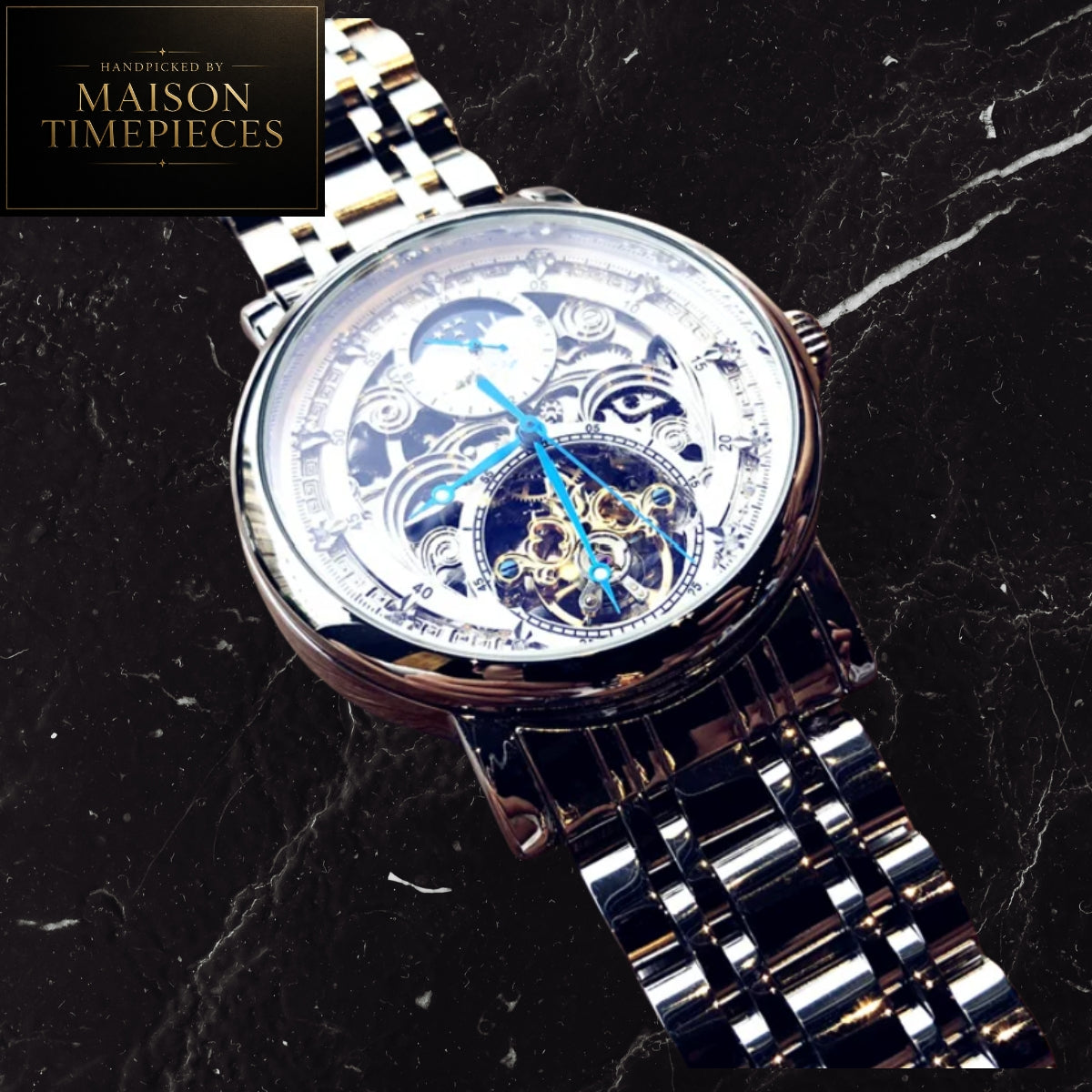 Maison Timepieces Curated Ref. 52699 - Automatic Tourbillon Open Heart Skeleton Watch Black Stainless Steel Bracelet