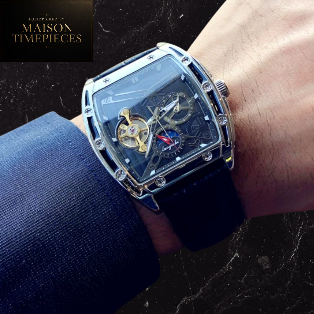 Maison Timepieces Curated Ref. DQ100 - Automatic Skeleton Tonneau Watch 40mm Black Dial Leather Strap