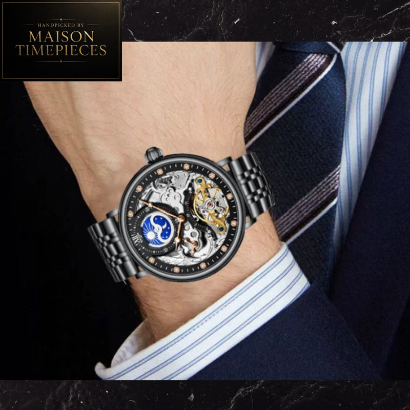 Maison Timepieces Curated automatic open heart moon phase dress watch with white skeleton-inspired dial, rose gold stainless steel case, genuine leather strap and exhibition mechanical movement.