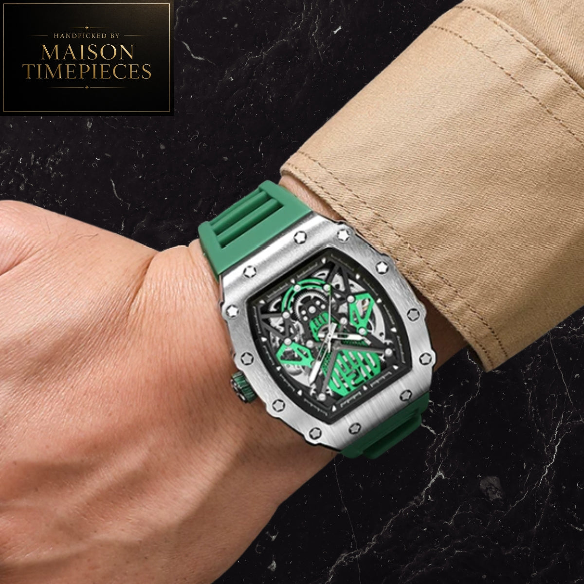 Maison Timepieces Curated automatic skeleton tonneau watch with rose gold alloy case, blue skeleton dial, automatic mechanical movement, exhibition caseback and blue silicone strap.