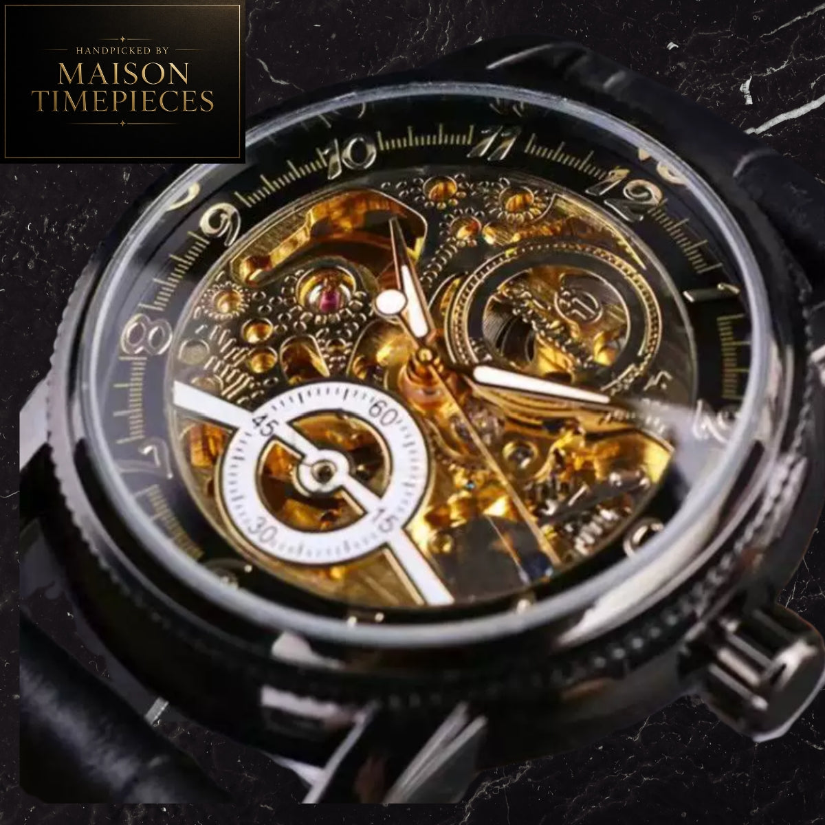 A close-up of a skeleton mechanical watch with a black bezel and strap, showcasing intricate gold-tone gears and a white subdial. The brand name 'MAISON TIMEPIECES' is displayed in the top-left corner.