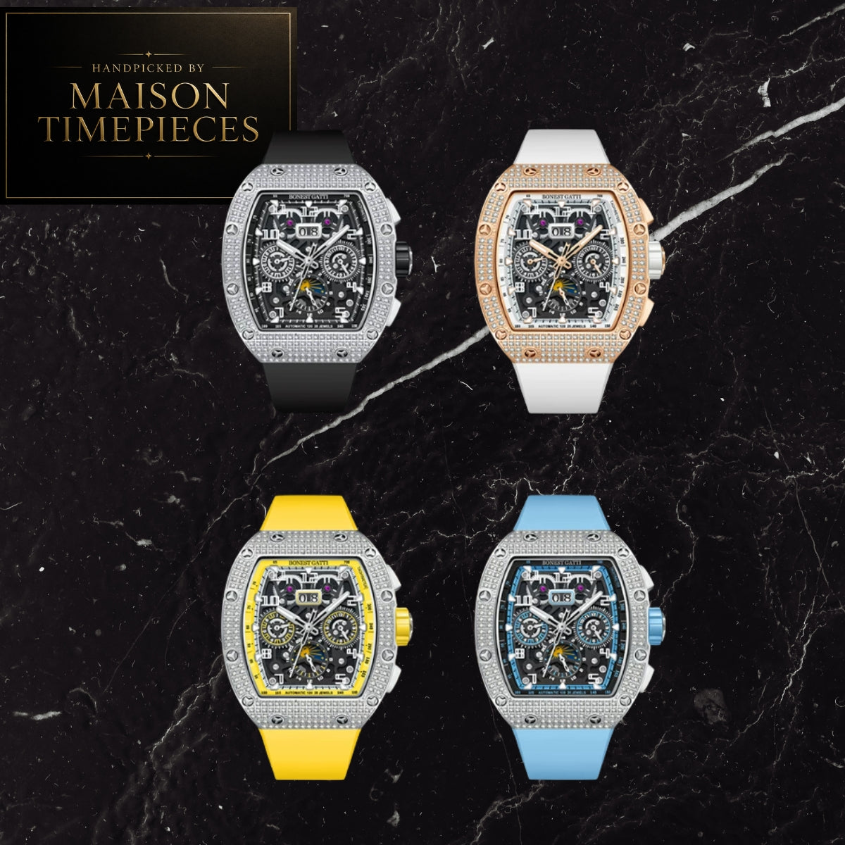 Four Maison Timepieces chronograph watches arranged in a 2x2 grid on a black marble background. The watches feature silver-tone bezels with pavé stones, skeletonized dials, and colorful straps: black, white, yellow, and light blue.