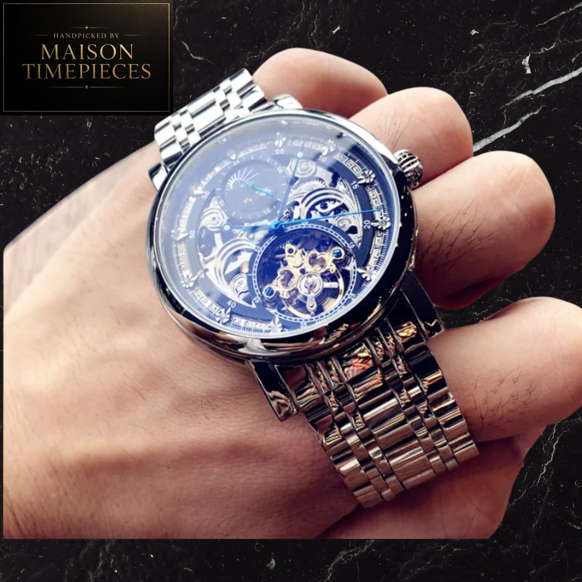 Maison Timepieces Curated Ref. 52699 - Automatic Tourbillon Open Heart Skeleton Watch Black Stainless Steel Bracelet